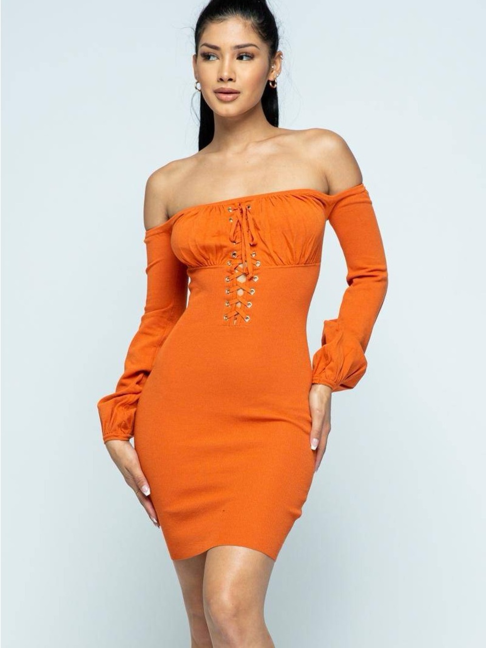 Hera Collection Off-Shoulder Lace-Up Mini Dress in Orange